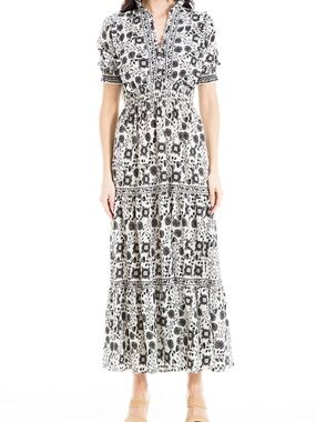 Max Studio Black and White Floral Tiered Maxi Dress